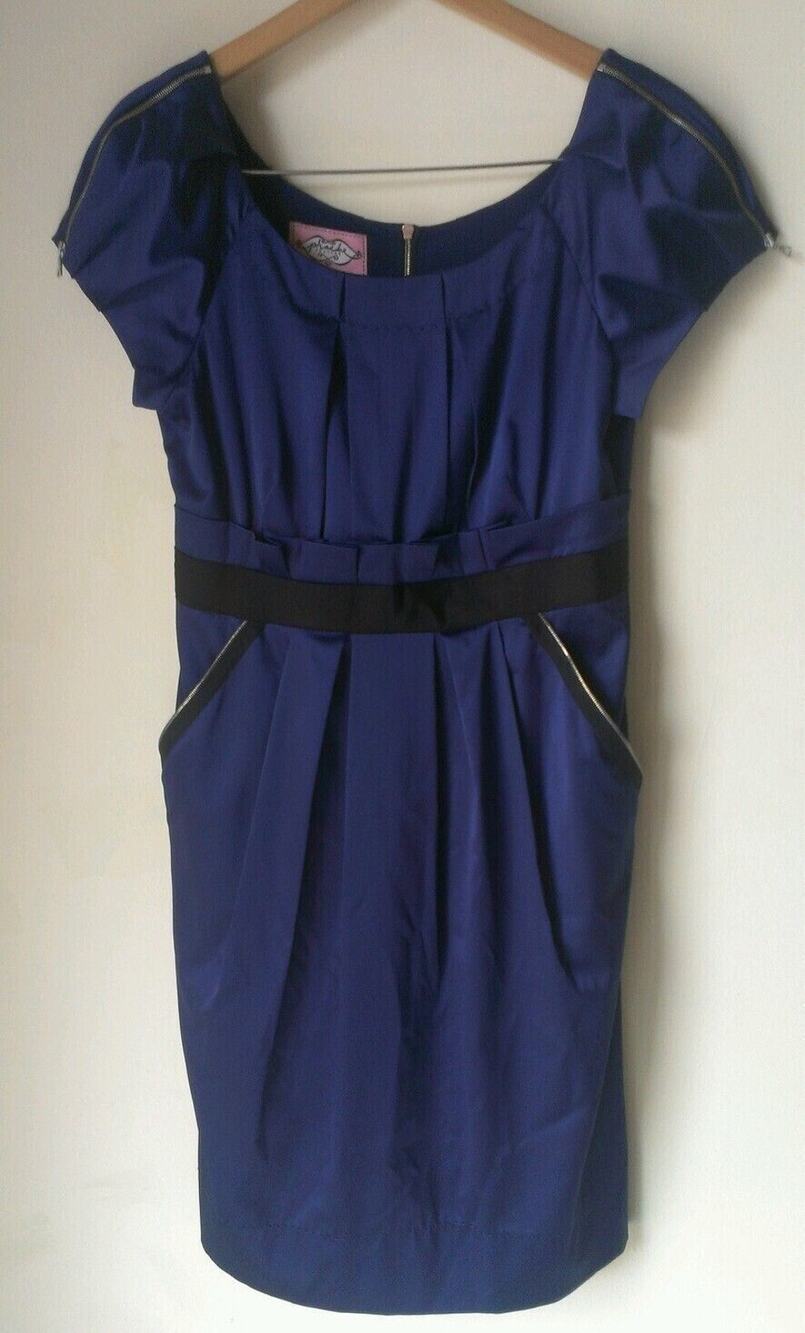 PHOEBE COUTURE Deep Blue Zip Trim Waist Pleated Dress Sz 4